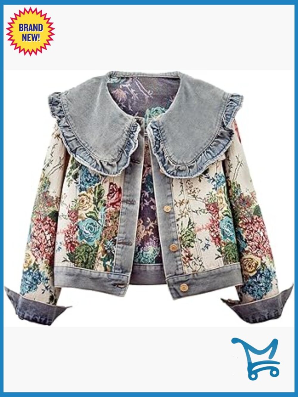 Vintage Jacquard Floral Peter Pan Collar Denim Jacket Crop Jean Shacket